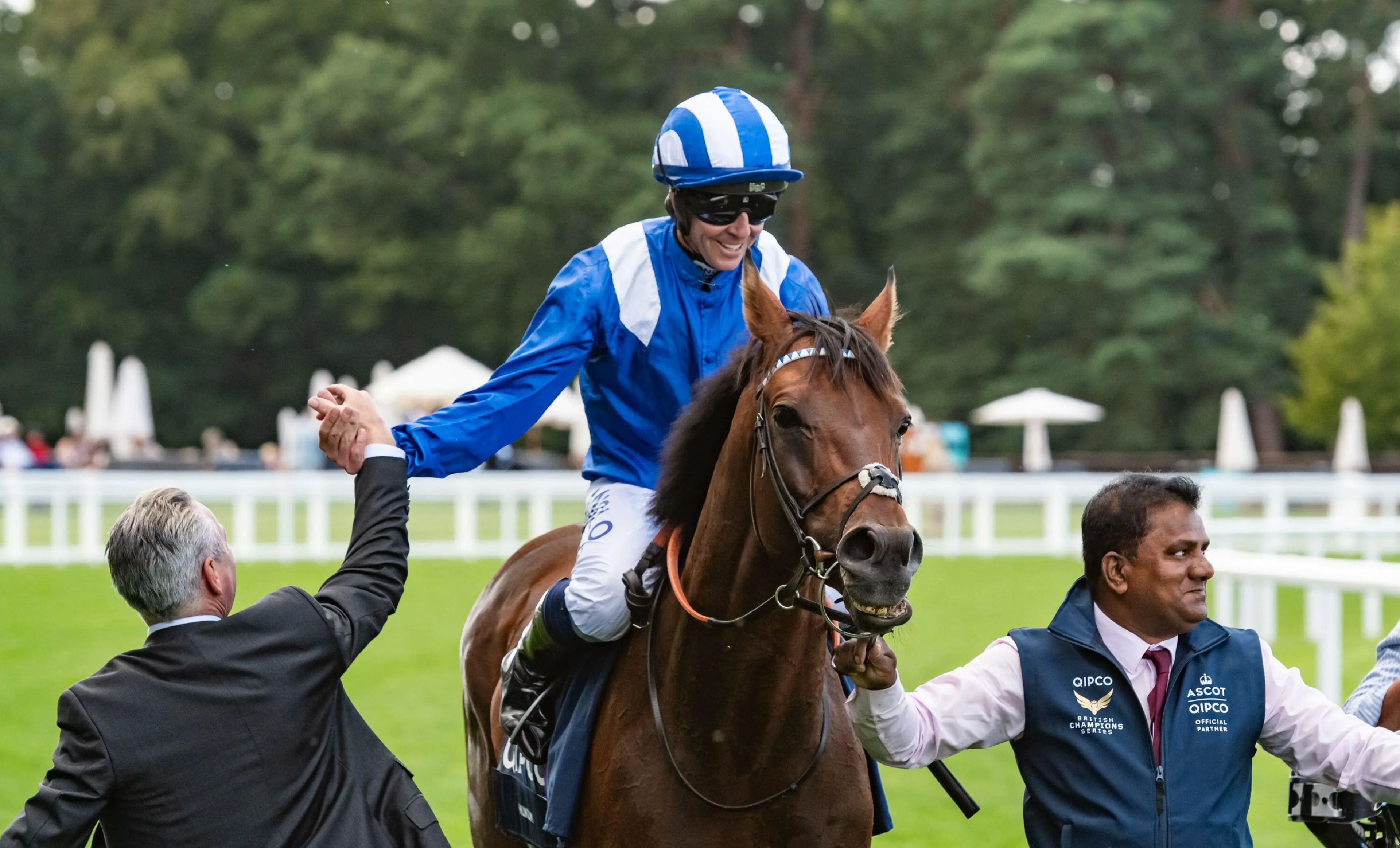 Ascot, London, UK. 29th July 2023. Hukum and jockey Jim Crowley win the 2023 King George VI and Queen Elizabeth QIPCO Stakes for trainer Owen Burrows and owner Shadwell Estate Company Limited, at Ascot Racecourse, Berkshire, United Kingdom