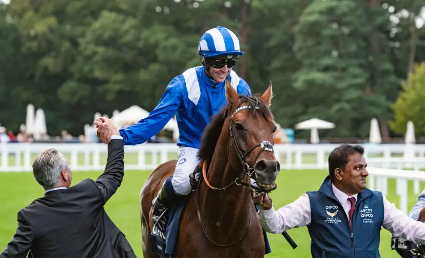 Ascot, London, UK. 29th July 2023. Hukum and jockey Jim Crowley win the 2023 King George VI and Queen Elizabeth QIPCO Stakes for trainer Owen Burrows and owner Shadwell Estate Company Limited, at Ascot Racecourse, Berkshire, United Kingdom