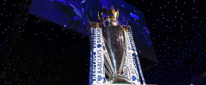 The Barclays Premier League trophy on a plinth on stage